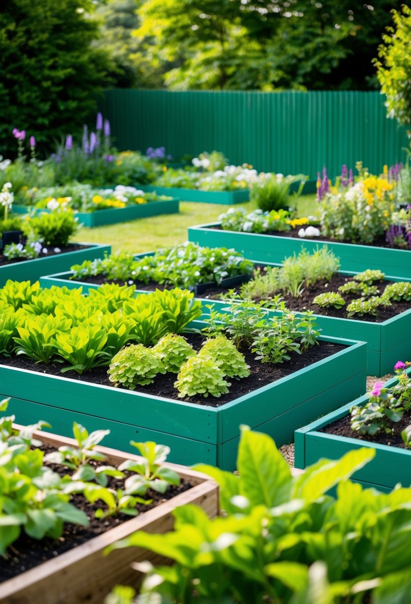 A vibrant garden with multiple raised beds, neatly organized and filled with lush green plants and flowers, surrounded by a Greenes Fence