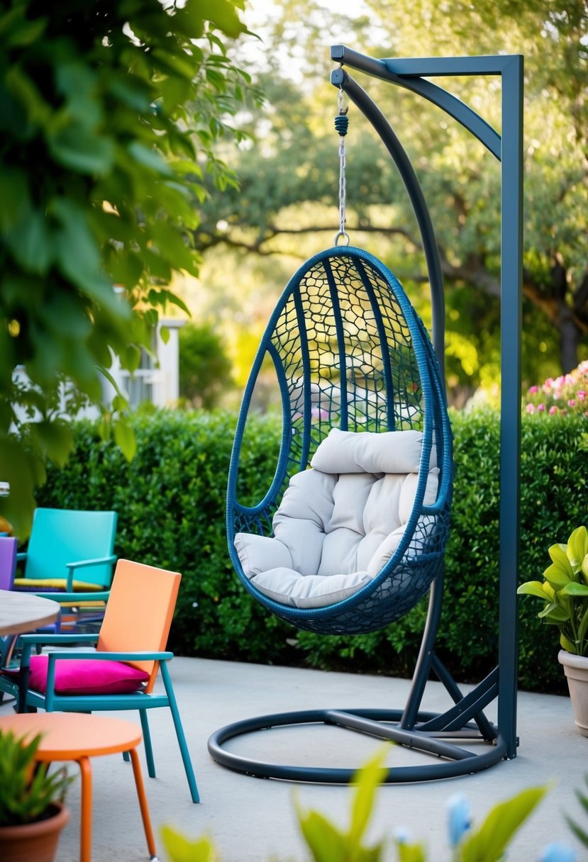 A hanging egg chair suspended from a sturdy frame, surrounded by lush greenery and colorful patio seating options
