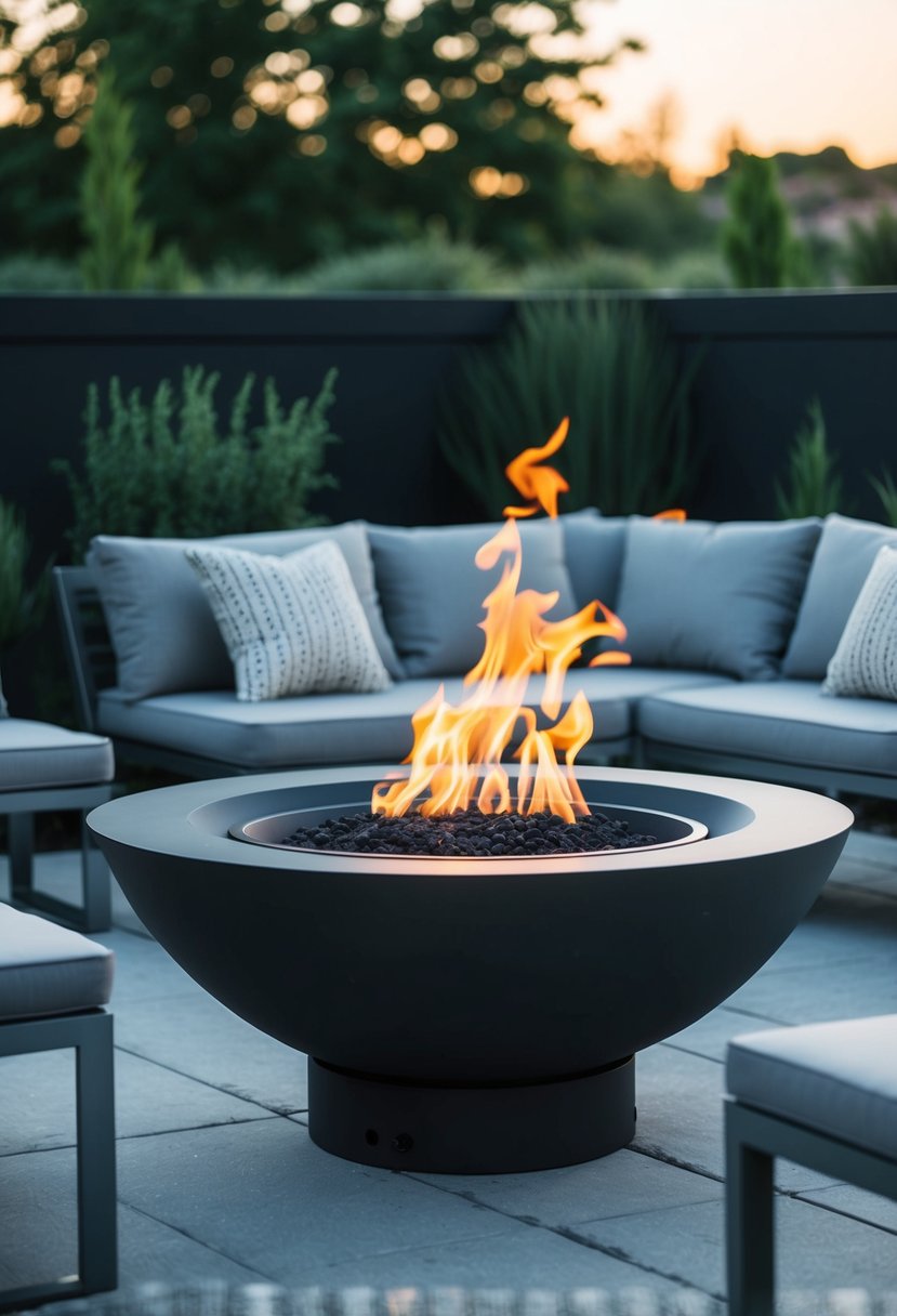 A modern fire pit with a natural gas fire bowl surrounded by sleek and minimalist outdoor furniture on a patio