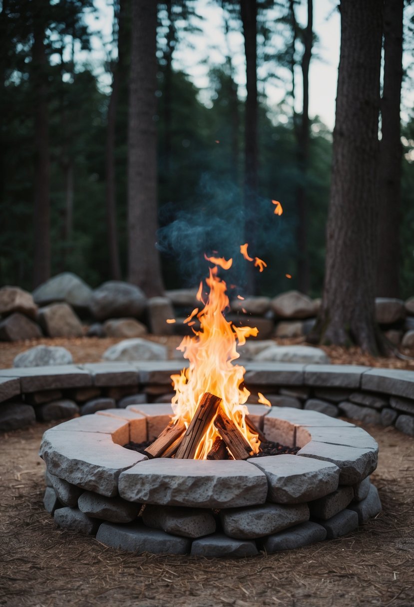 A stone circle surrounded by trees, with a crackling fire pit in the center, creating a warm and cozy atmosphere
