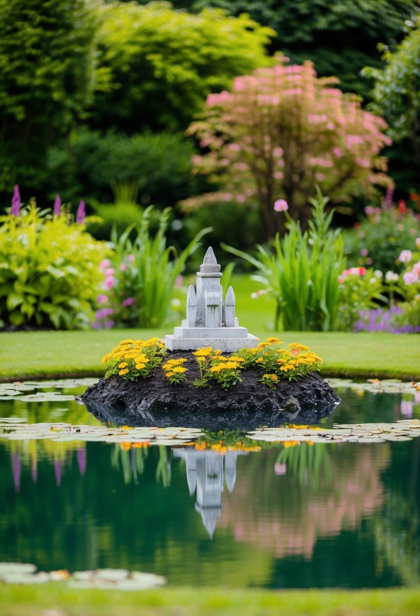 A small island sculpture sits in the center of a tranquil garden pond, surrounded by lush greenery and colorful flowers