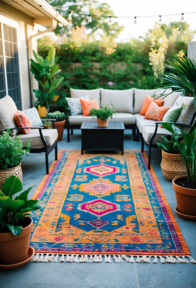A colorful outdoor rug lies on a patio surrounded by potted plants and comfortable seating, creating a cozy and inviting outdoor space