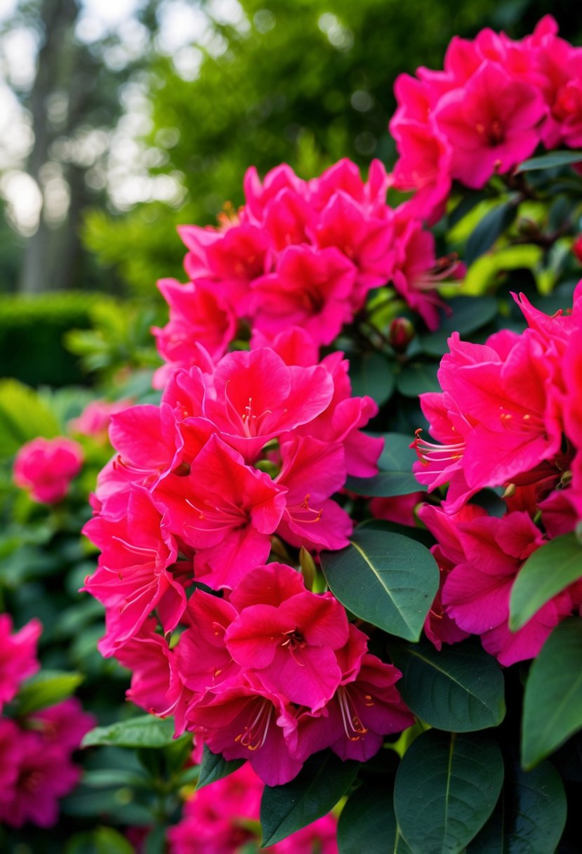 Vibrant red azaleas in full bloom, surrounded by lush greenery in a garden setting