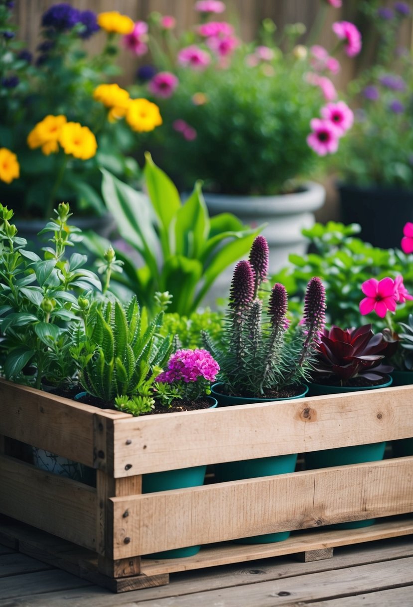 A wooden crate filled with a variety of plants and flowers, serving as a unique and rustic garden container