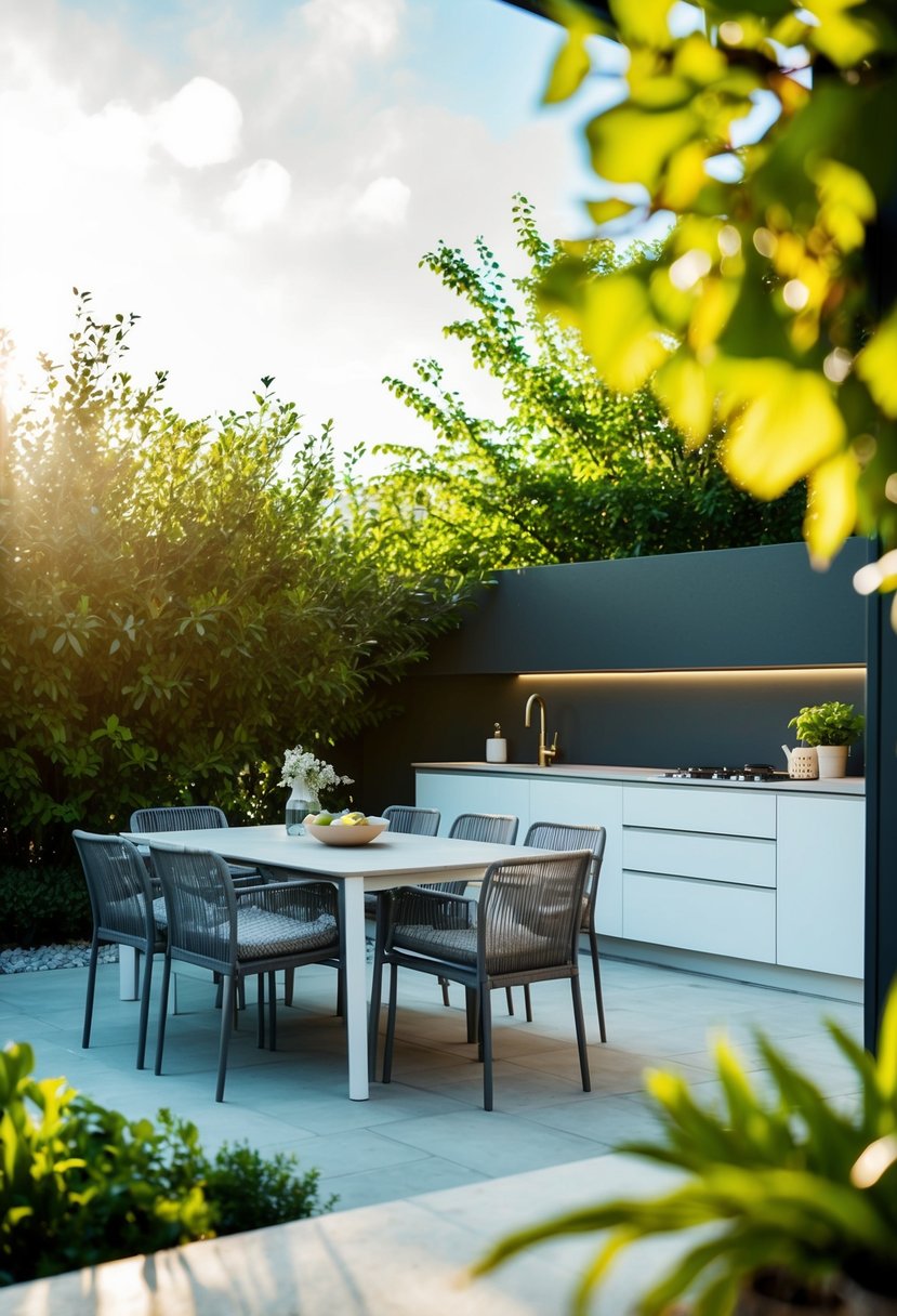 A sleek, modern outdoor kitchen with a stylish al fresco dining set, surrounded by lush greenery and bathed in warm sunlight