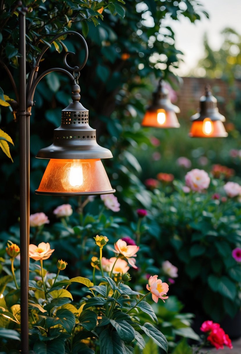 A garden with decorative metal lamps casting warm light among lush foliage and blooming flowers