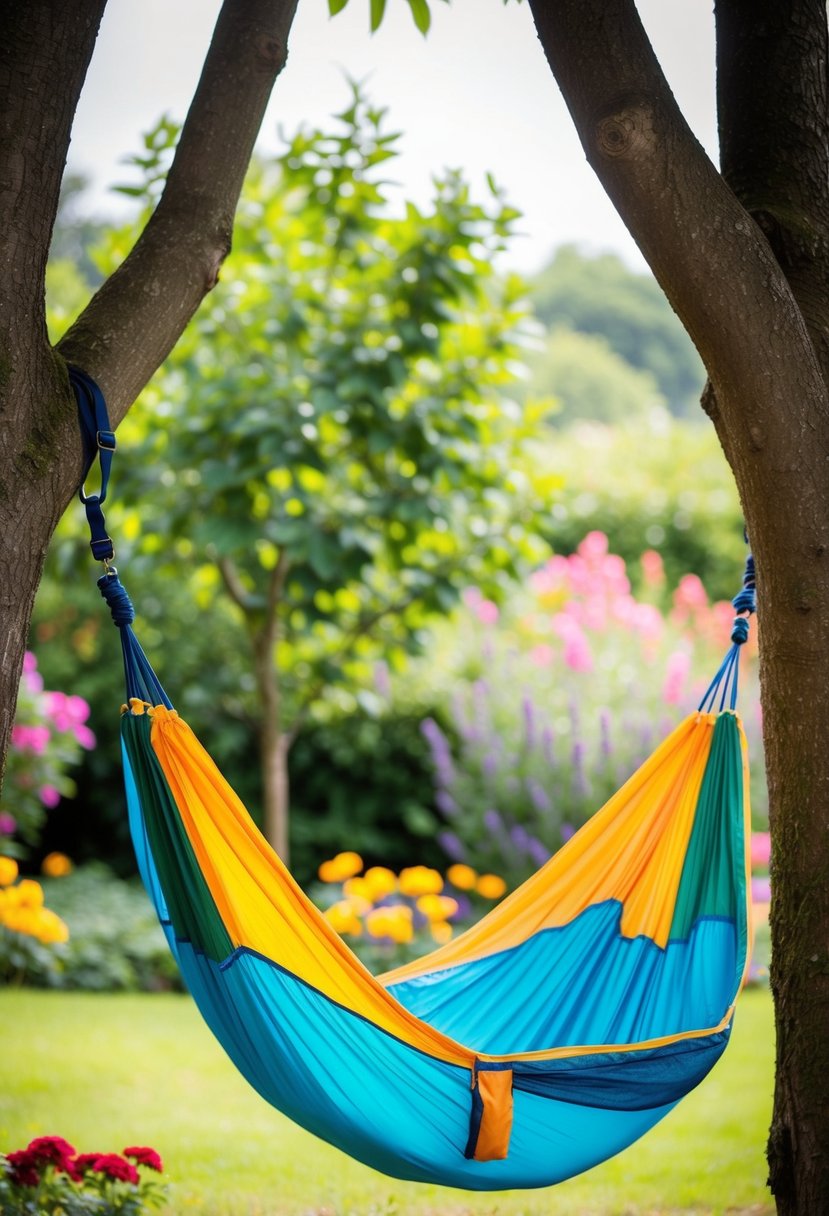 A colorful nylon camping hammock hanging between two trees in a lush garden setting, surrounded by flowers and greenery