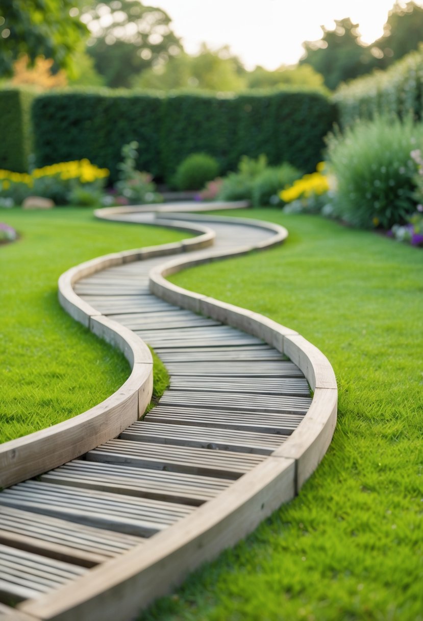 A winding path of curved garden sleepers forms 35 borders, creating a tranquil and organized garden landscape