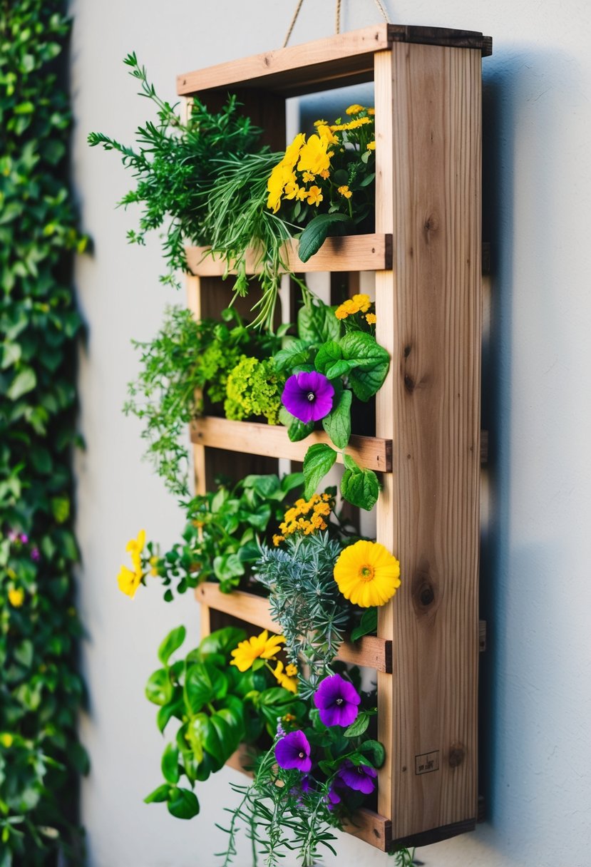 A wooden wine crate filled with herbs and flowers hangs vertically on a wall, creating a lush and colorful garden display