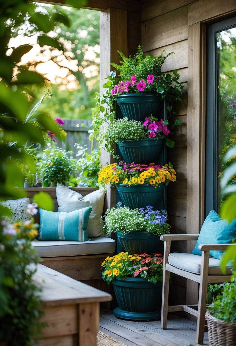 A cozy garden nook with a vertical planter filled with lush greenery and colorful flowers, surrounded by rustic wooden furniture and soft lighting