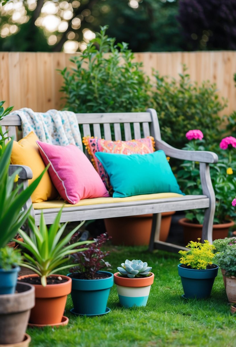 A garden bench surrounded by potted plants and colorful cushions, with a cozy throw blanket draped over the backrest