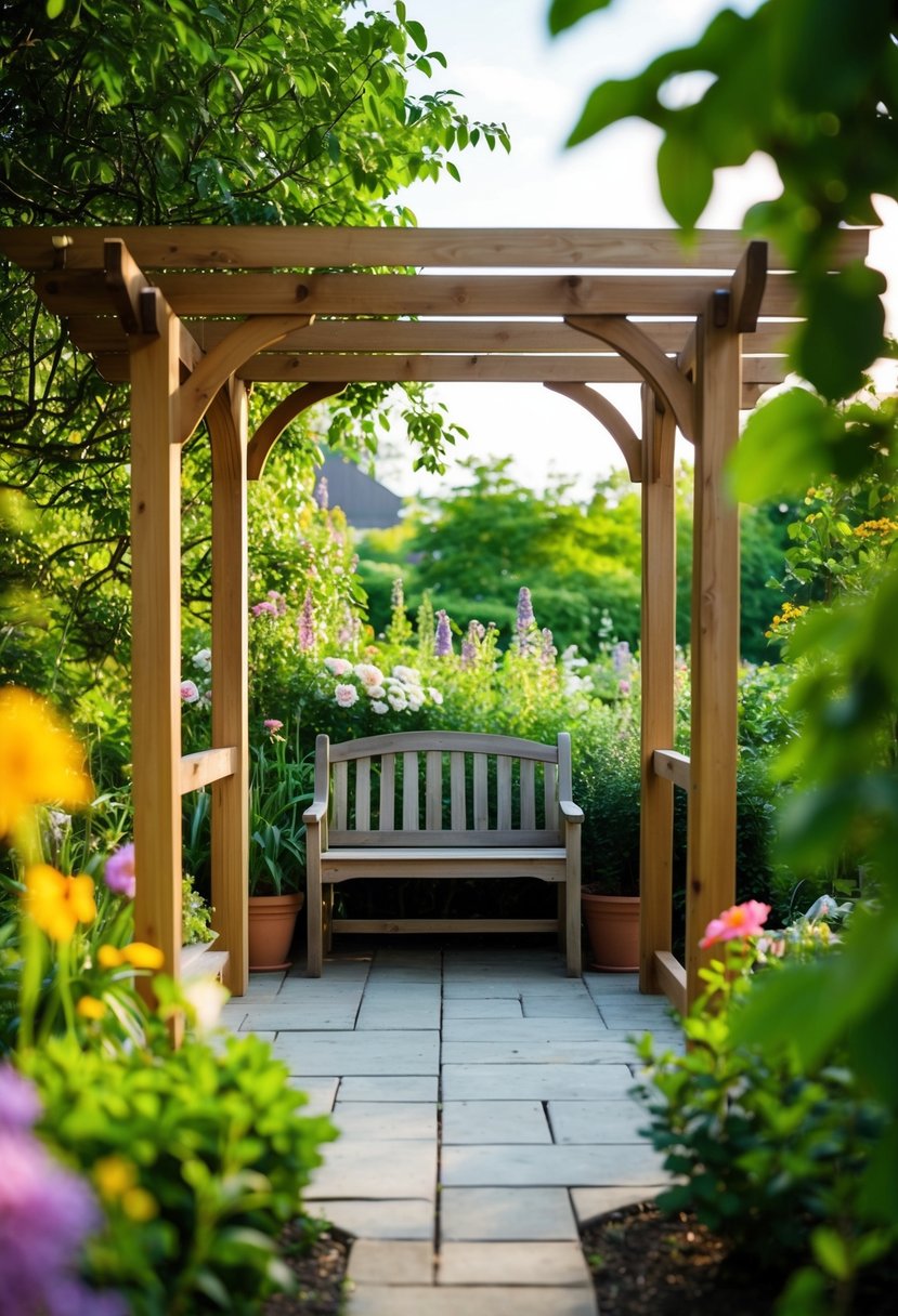 A wooden arbor stands in a lush garden nook, surrounded by flowers and greenery, creating a peaceful and serene atmosphere