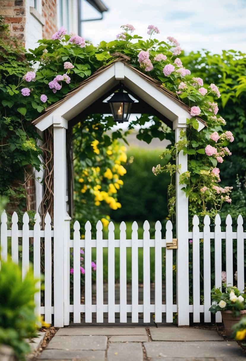 A charming cottage-style picket fence frames a garden entrance, adorned with climbing vines and blooming flowers