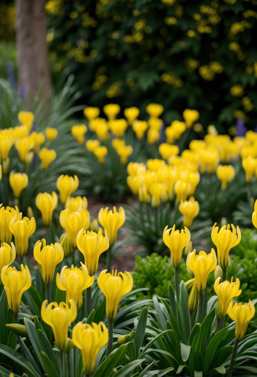 A lush garden filled with vibrant Agapanthus 'Golden Drop' in full bloom, creating a stunning display of golden yellow flowers against the backdrop of lush green foliage