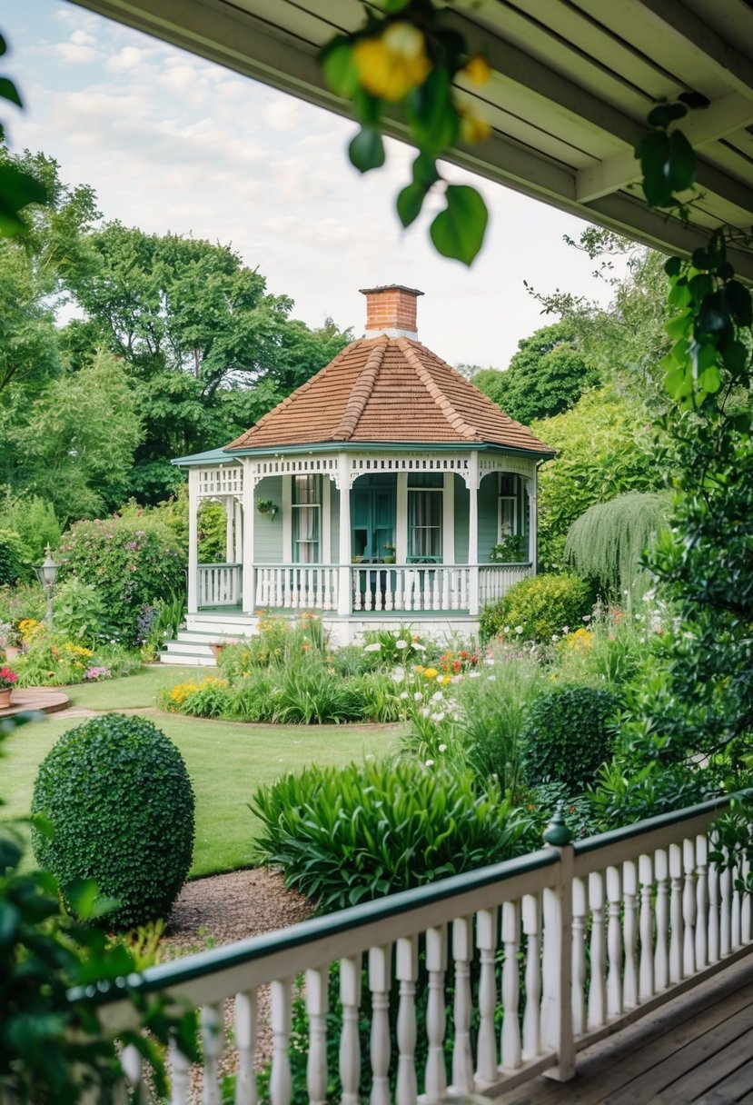 A lush garden surrounds a charming summer house on a vintage veranda