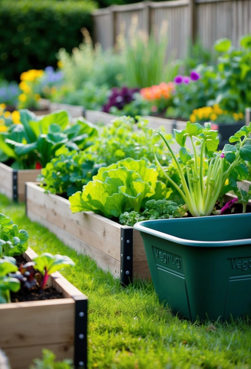A garden with raised beds, filled with various plants and vegetables, surrounded by a VegTrug Planter 35