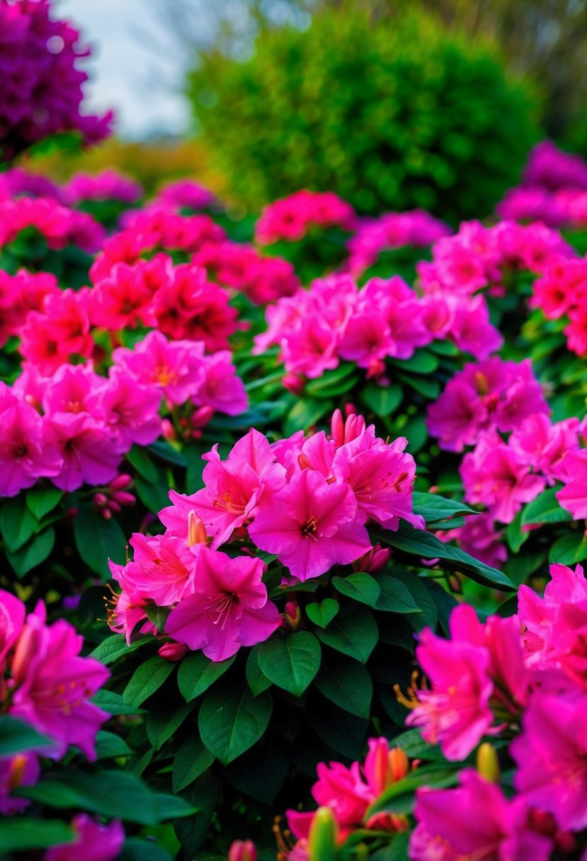 A colorful garden filled with vibrant azaleas in full bloom, creating a stunning and picturesque display of natural beauty