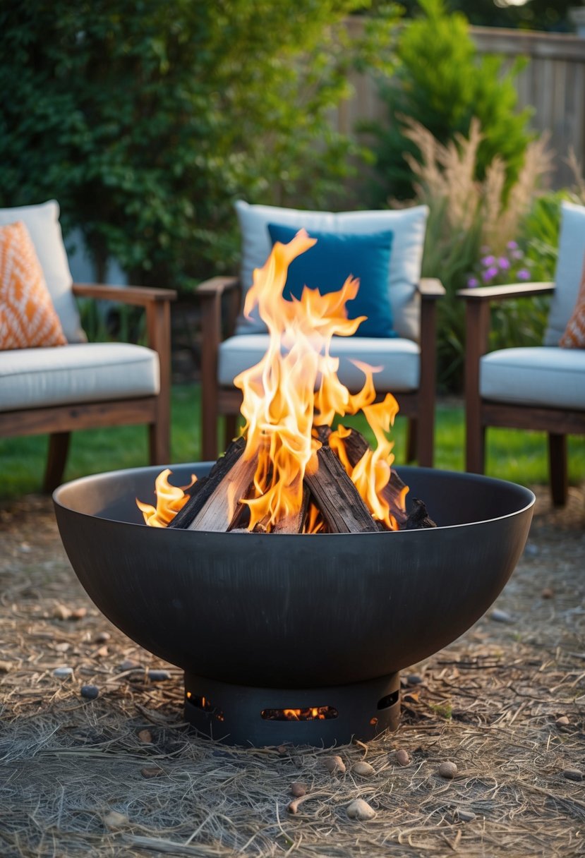 A steel fire bowl sits in a backyard surrounded by natural elements, ready for a cozy fire pit gathering