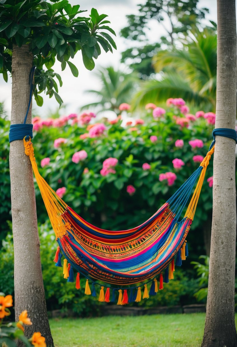 A colorful traditional Mayan hammock hangs between two trees in a lush garden, surrounded by blooming flowers and green foliage