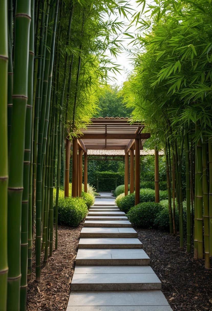 A peaceful bamboo garden with 43 winding paths leading to a central pergola