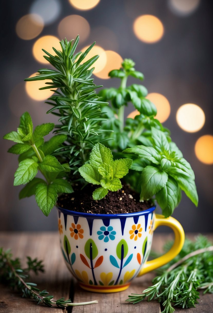 A colorful assortment of potted herbs, including winter savory, arranged in a whimsical, patterned mug