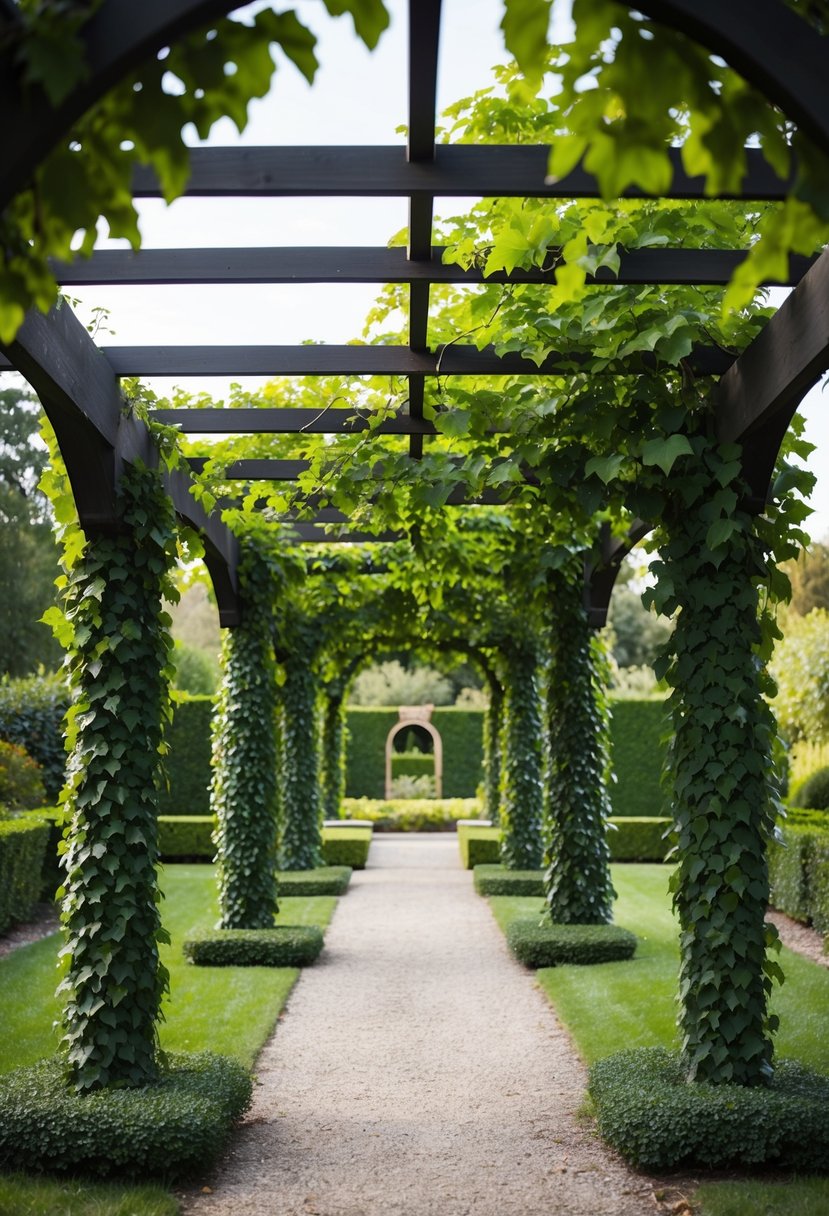 A pergola covered in ivy stands in a garden with arched pathways