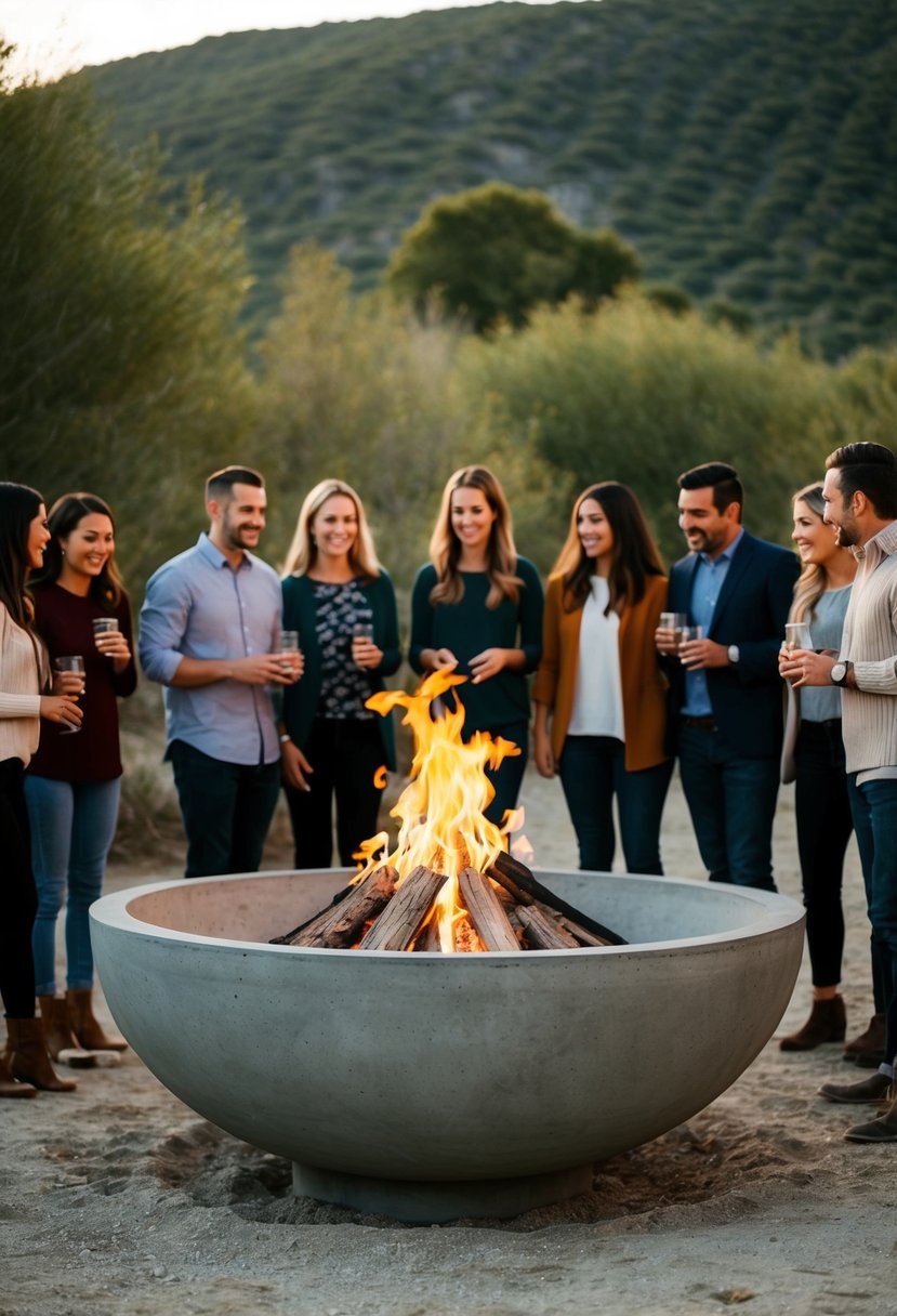 A group of people gather around a large, tribal-inspired concrete bowl fire pit set in a natural outdoor setting