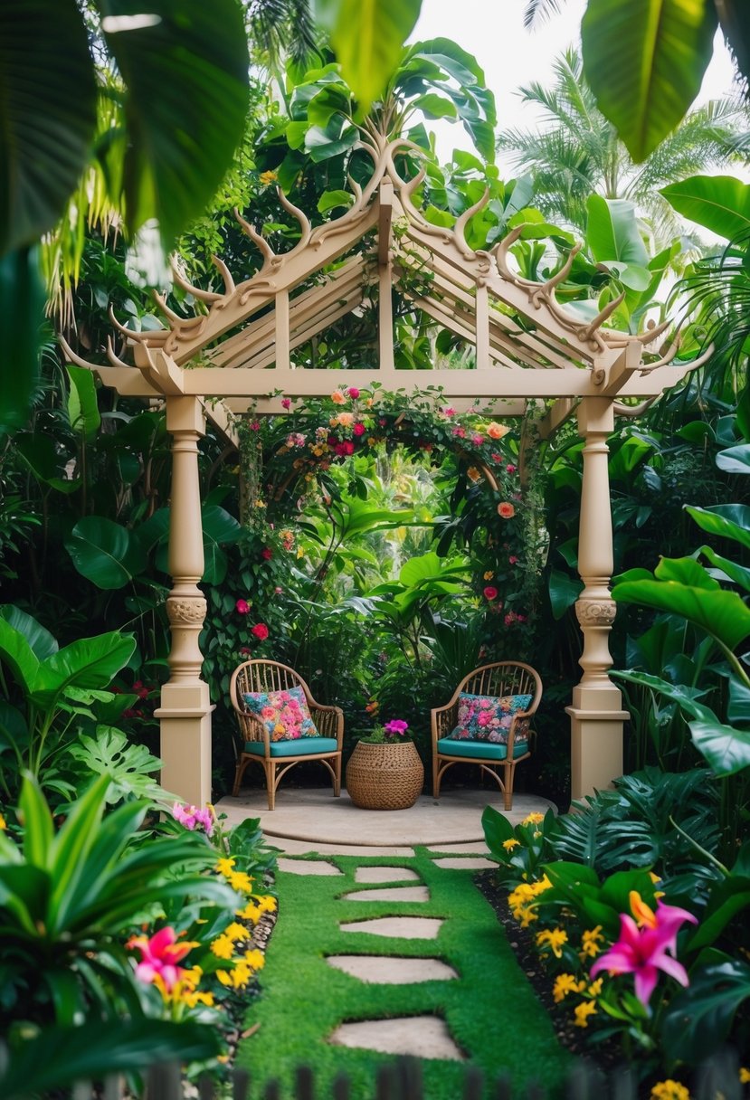 A lush jungle garden with a whimsical bohemian pergola surrounded by vibrant flowers and greenery