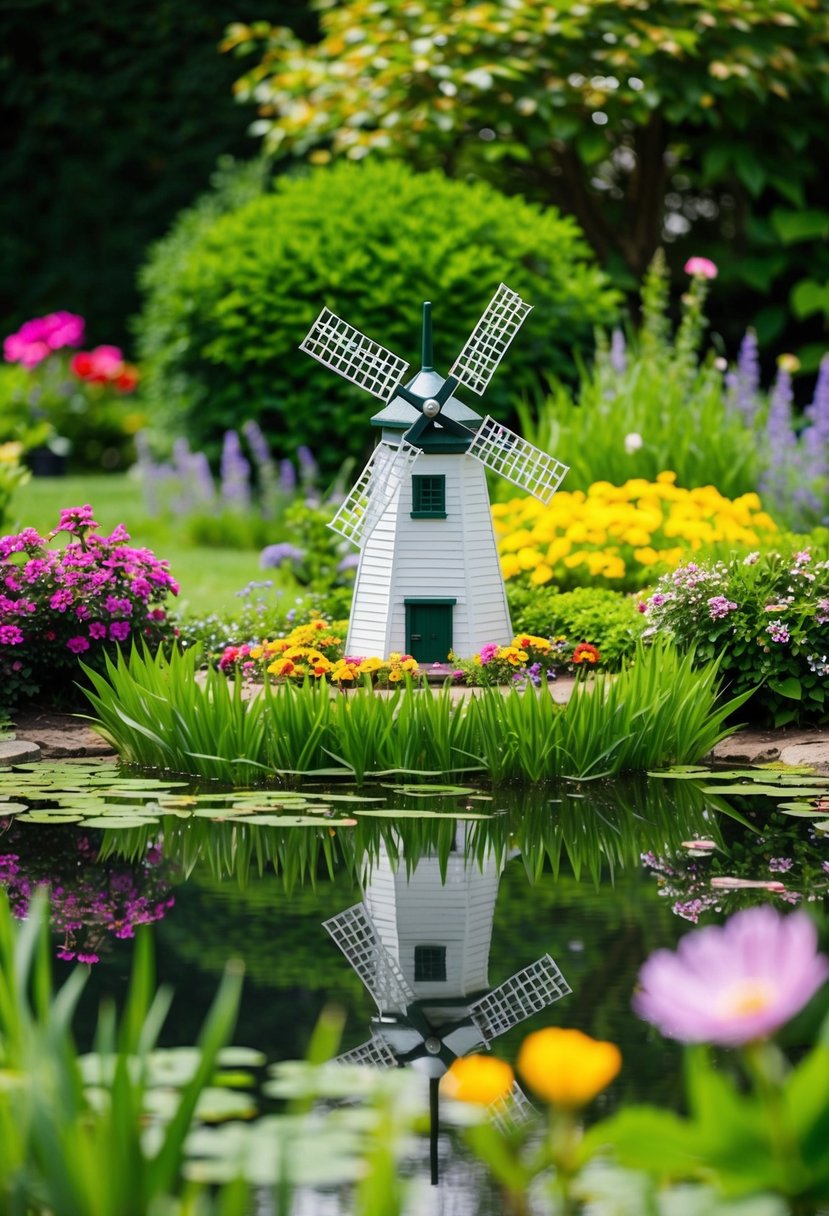 A serene garden pond with a miniature windmill, surrounded by lush greenery and colorful flowers