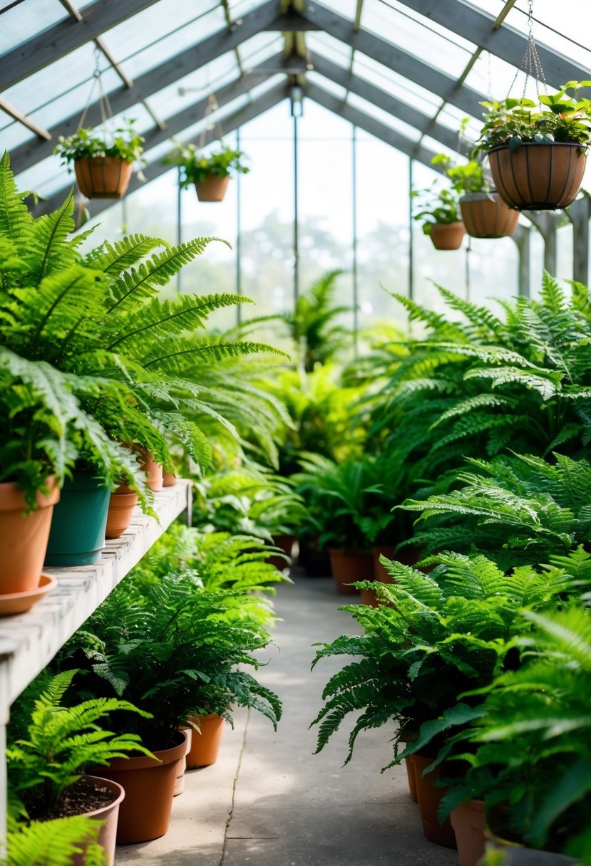 Lush green ferns fill a bright, airy greenhouse, surrounded by pots and hanging baskets. Sunlight filters through the glass roof, creating a tranquil, verdant oasis