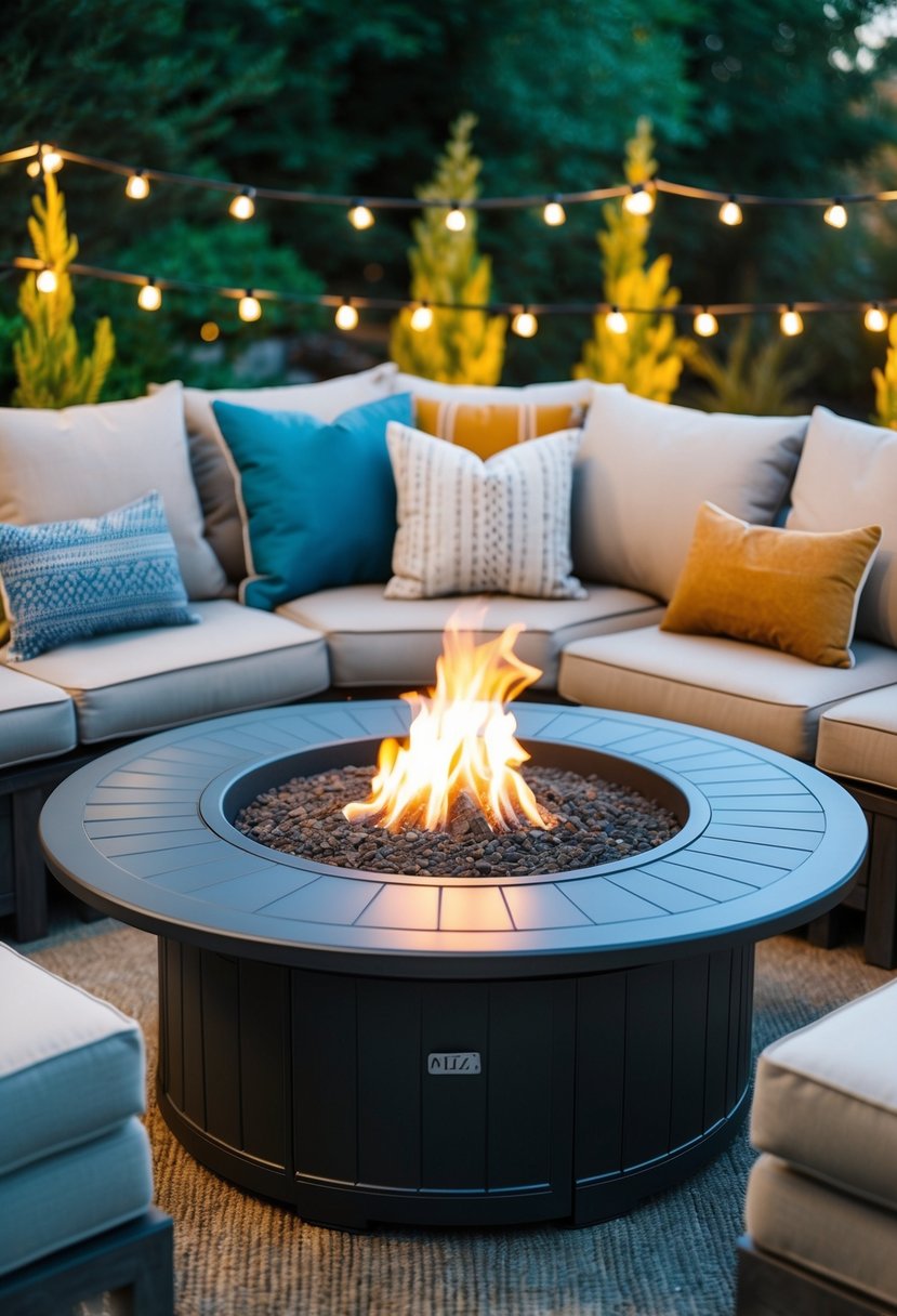A cozy fire pit table set surrounded by comfortable patio seating, with soft cushions and warm lighting, creating a welcoming and inviting outdoor gathering space