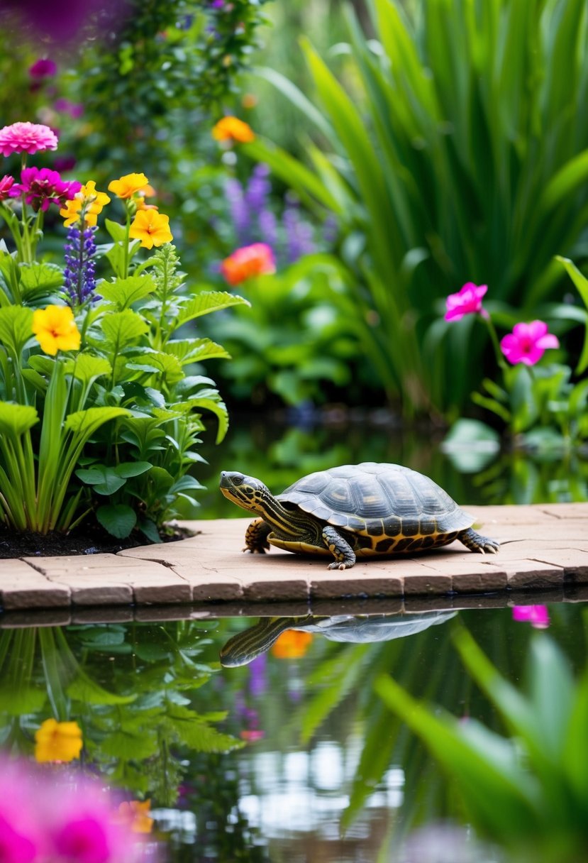 A serene garden pond with a turtle basking area surrounded by lush greenery and colorful flowers