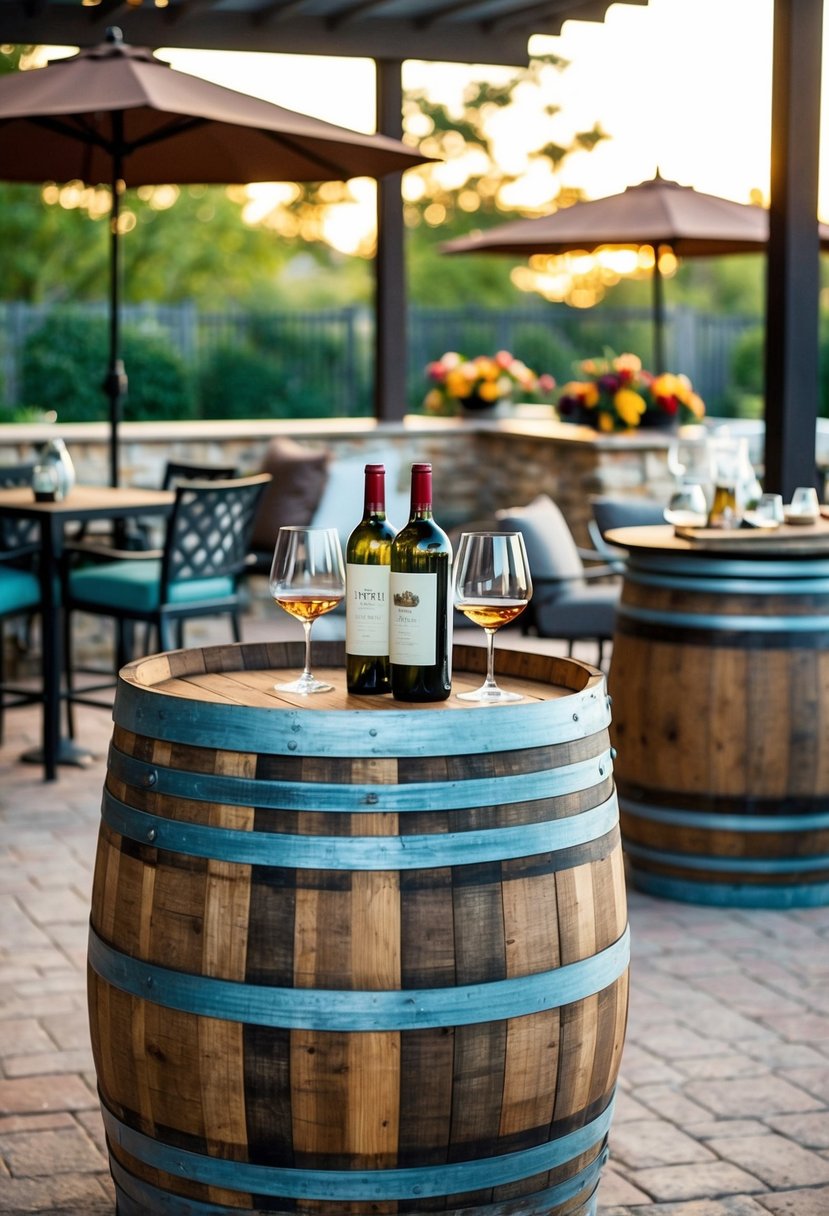 A rustic wine barrel table surrounded by patio bar decor and seating