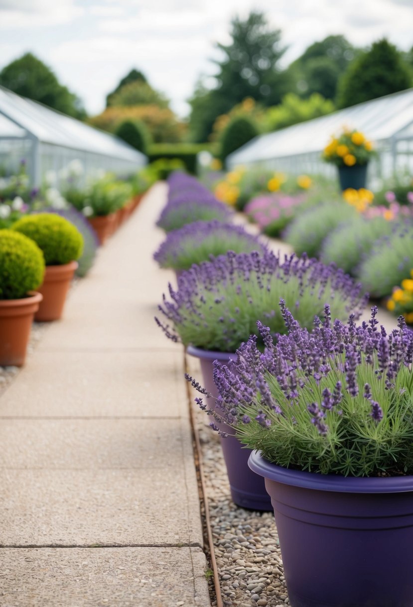 A row of lavender pots lines the walkway in front of 28 gardens with greenhouses