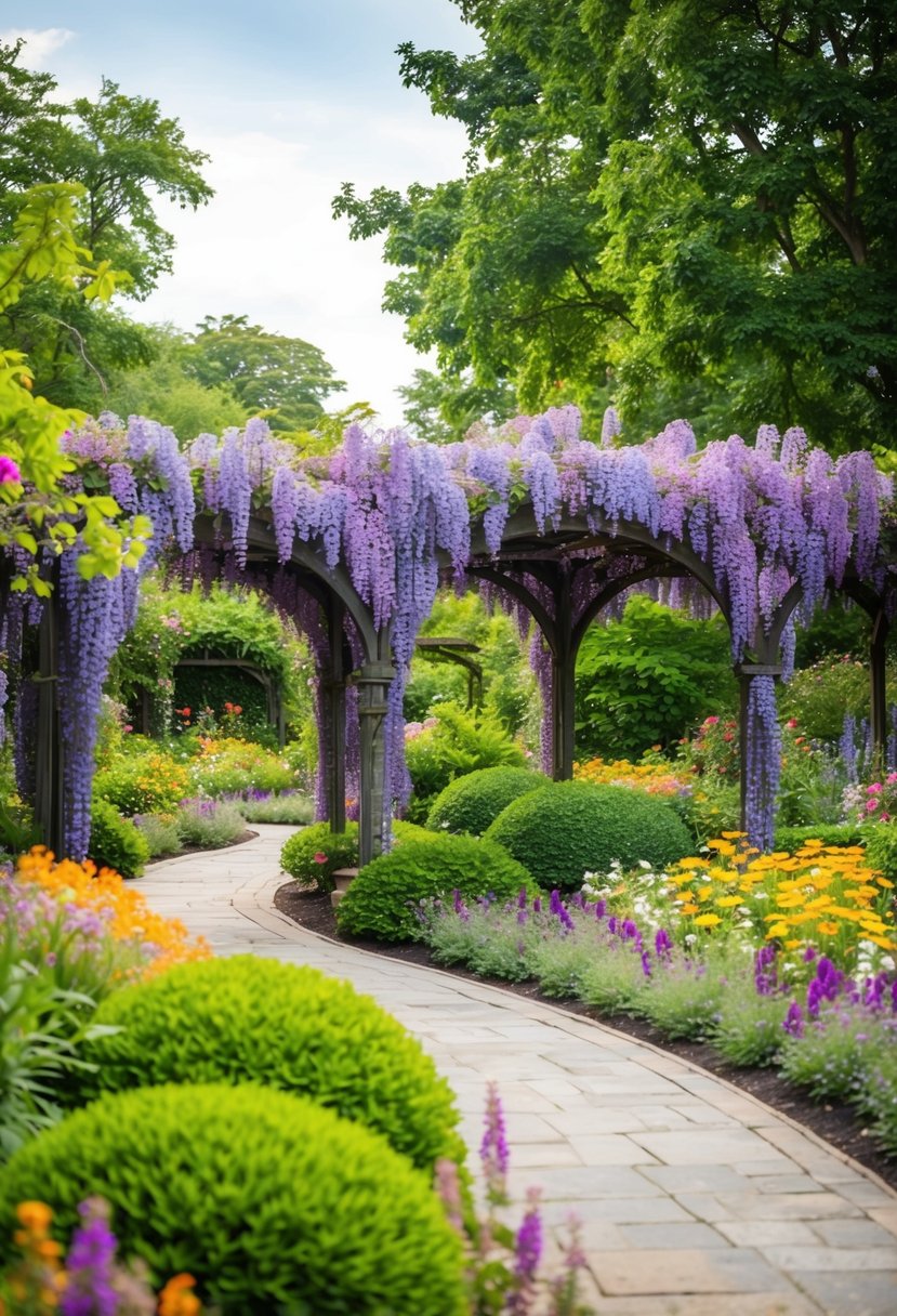 A peaceful garden with winding paths, lush wisteria-covered arbors, and colorful flowers in full bloom
