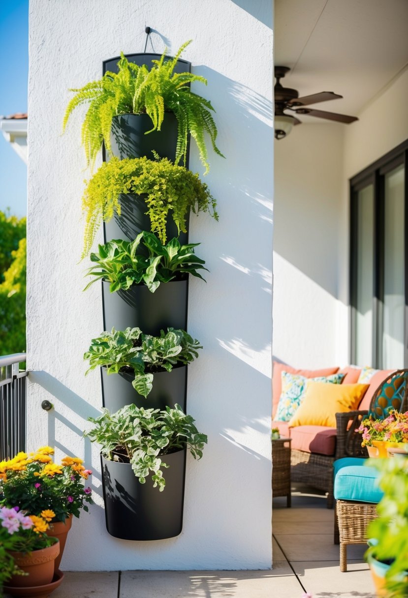 A vertical planter filled with lush green plants hangs against a white wall on a sunny patio. A cozy outdoor seating area with colorful cushions and potted flowers completes the scene
