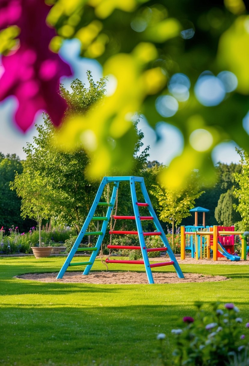 A vibrant meadow with a colorful climbing frame surrounded by 30 gardens, each with a kids' play area