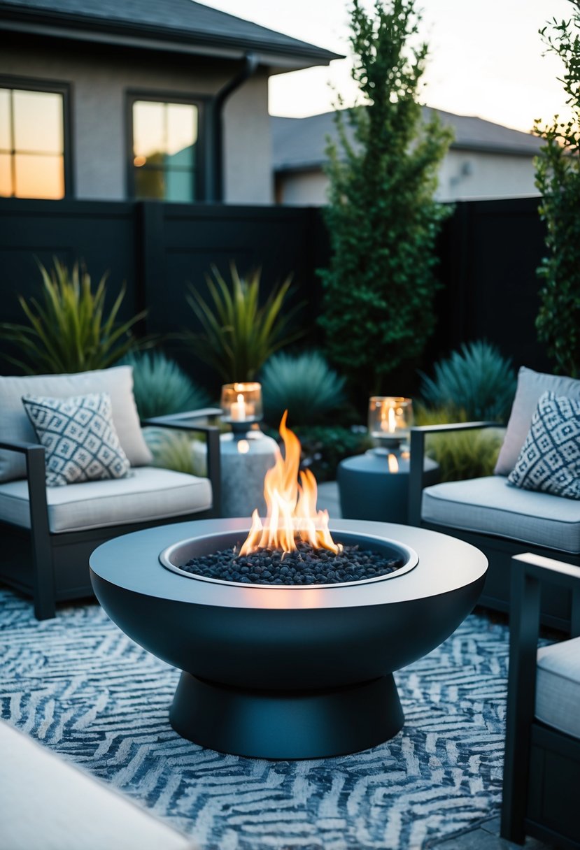 A modern outdoor gas fire pit with a wind guard, surrounded by contemporary landscaping and comfortable seating