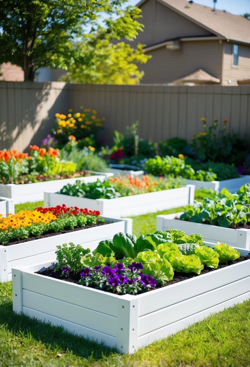 A sunny backyard with 35 raised garden beds filled with vibrant flowers and vegetables, surrounded by a white Lifetime Raised Garden Bed Kit