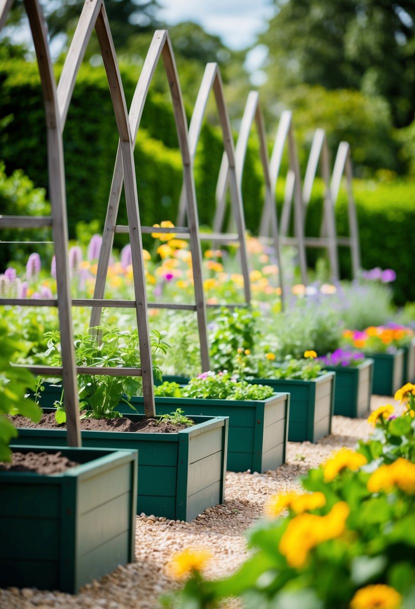 A row of garden beds with trellises, surrounded by lush greenery and flowers