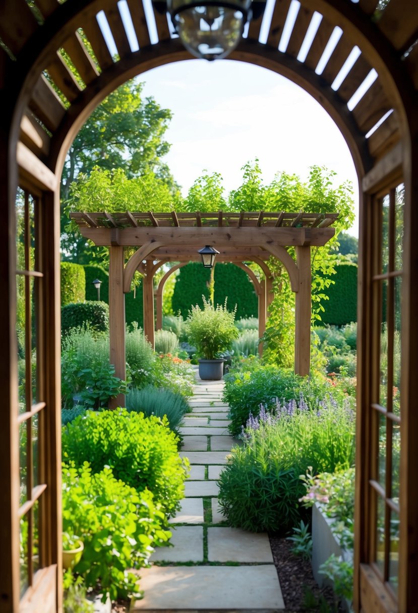 A lush herb garden with a wooden arbor, surrounded by 32 gardens with arches
