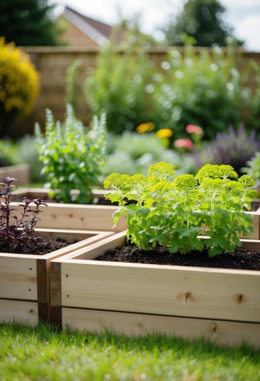 A garden with raised beds made of wooden sleepers arranged in a neat border