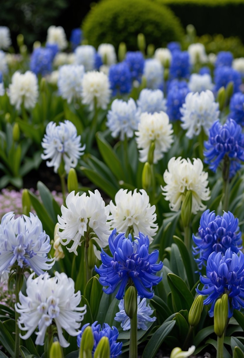 A lush garden filled with blooming Agapanthus 'Silver Baby' in various shades of blue and white, creating a serene and picturesque landscape