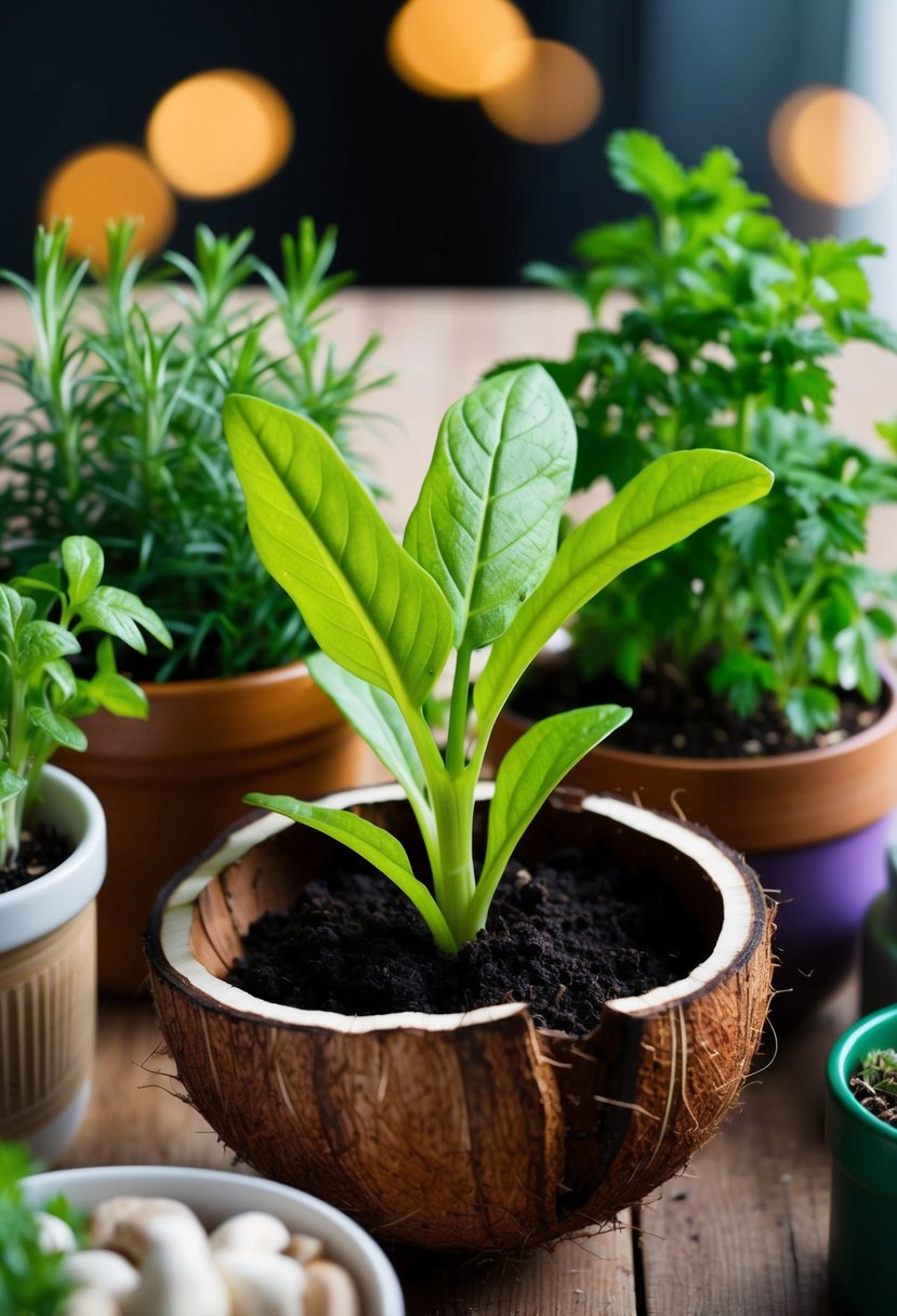 A sorrel plant growing in a coconut shell, surrounded by other herbs in various containers
