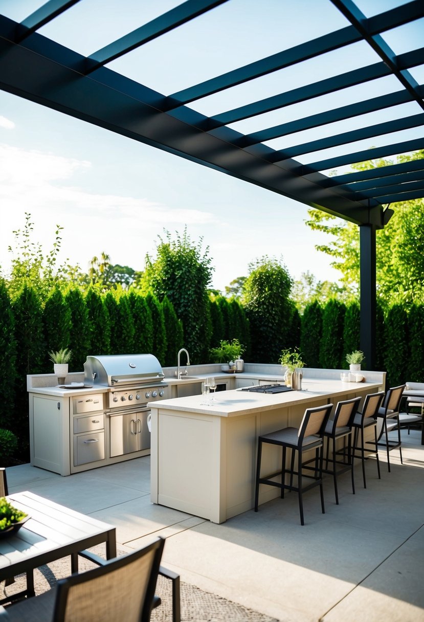 A spacious patio with a customizable modular outdoor kitchen, surrounded by lush greenery and comfortable seating areas for entertaining and grilling