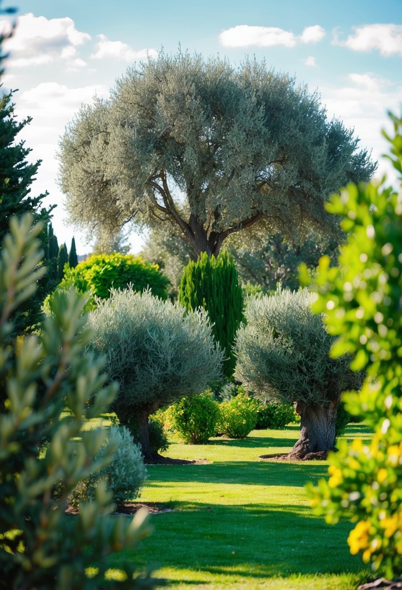 A peaceful garden with 26 olive trees surrounded by lush greenery and other various trees