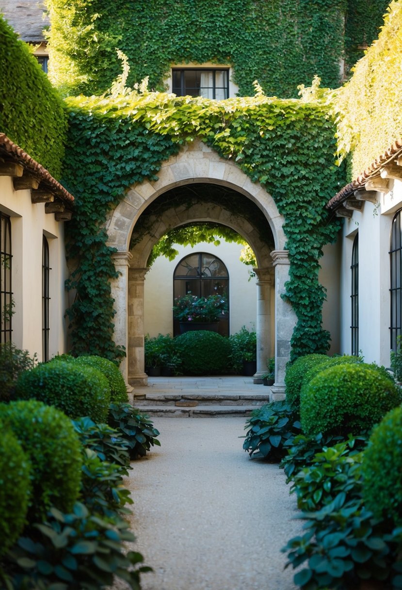 A courtyard with a weathered stone arch covered in lush ivy, surrounded by gardens filled with arbors and greenery