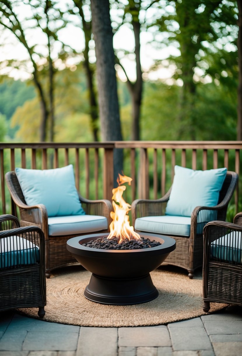 A cozy outdoor setting with a small fire pit surrounded by comfortable seating, nestled in a serene and inviting atmosphere