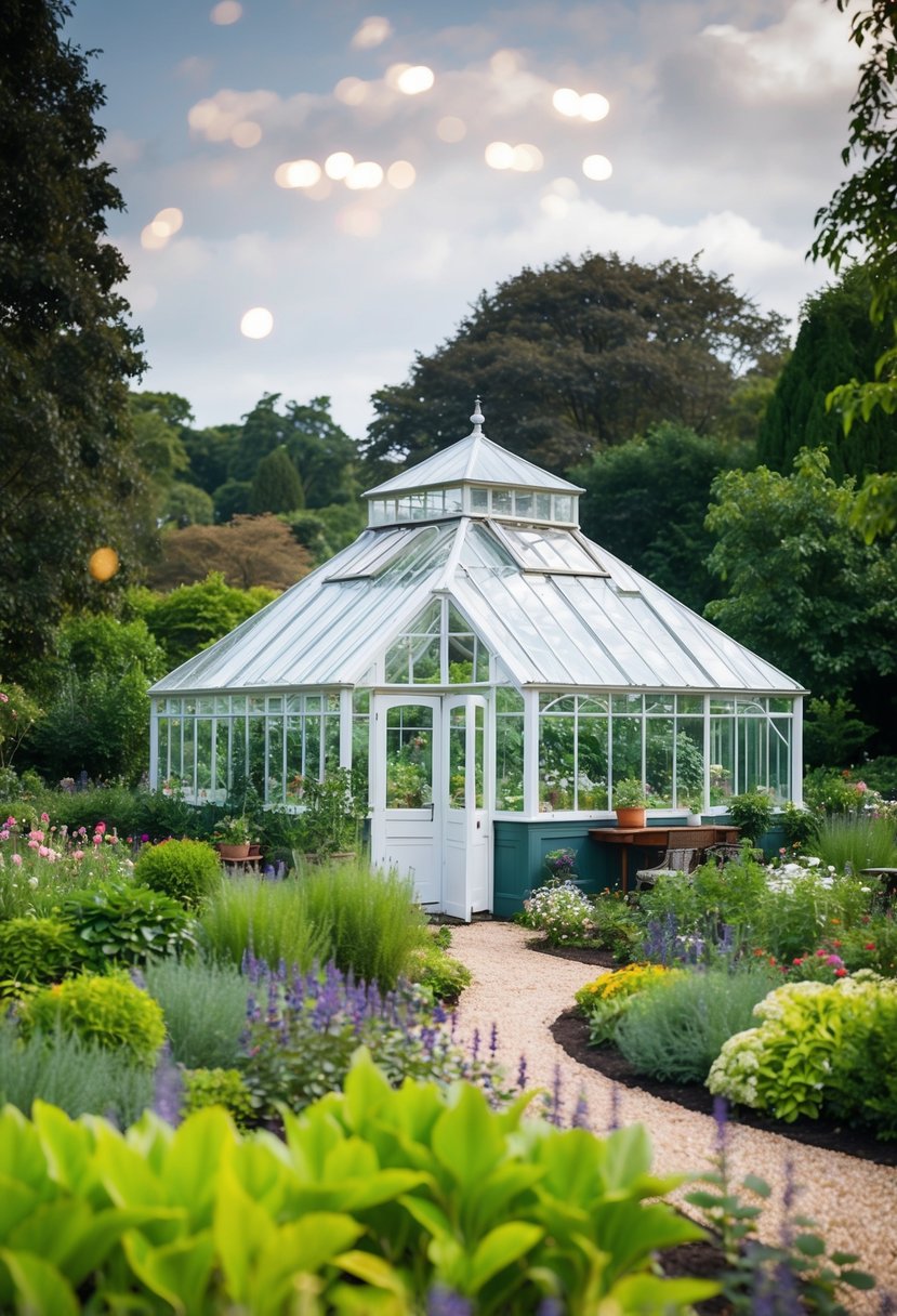 A Victorian greenhouse surrounded by 37 gardens, with a charming summer house nestled among the greenery