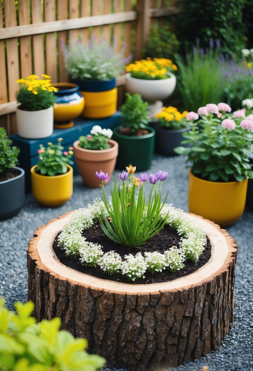 A hollow log serves as a unique flower bed in a garden, surrounded by various creative container ideas